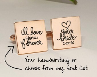 Personalized Gold Square Cuff Links, Handwriting CuffLinks, Custom Dad Husband Rose Gold Cufflink Groom Wedding Black Cuff links father gift