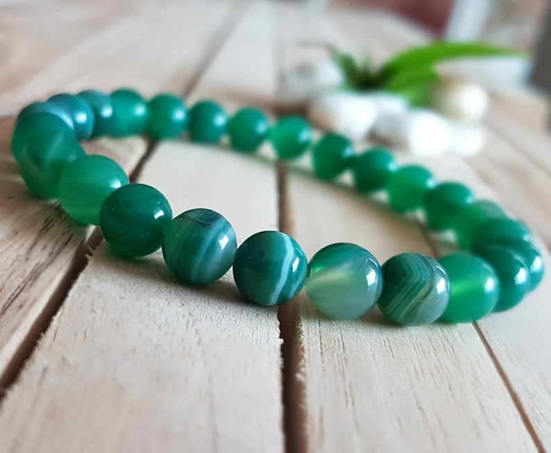 10mm Green Striped Agate Bracelet Green Jade Agate Etsy