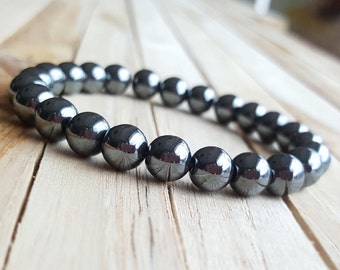 Genuine Hematite stone Bracelet, Natural Agate Bracelet, Beaded Gemstone Stretch Bracelet, Mens Women Bracelet, 8mm Stone Jewelry, Mala B-22