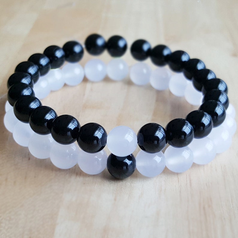Couple bracelet, Black Onyx bracelet, Set of two bracelets, Yinyang bracelet, white quartz bracelets Yoga bracelet,Meditation bracelet, B104 image 2
