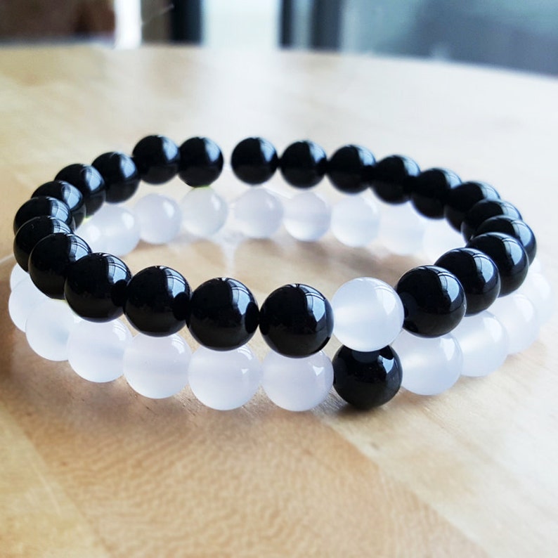 Couple bracelet, Black Onyx bracelet, Set of two bracelets, Yinyang bracelet, white quartz bracelets Yoga bracelet,Meditation bracelet, B104 image 1