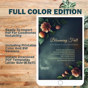 Könnte beinhalten: Ein digitaler Download mit dem Titel "Blooming Fall" mit floralen Illustrationen und Text. Das Tablet zeigt den Text "Full Color Edition", "Ready To Import PDF" und "Letter Size (8,5x11)". Das Design beinhaltet ein Schlaf- und Traumtagebuch.