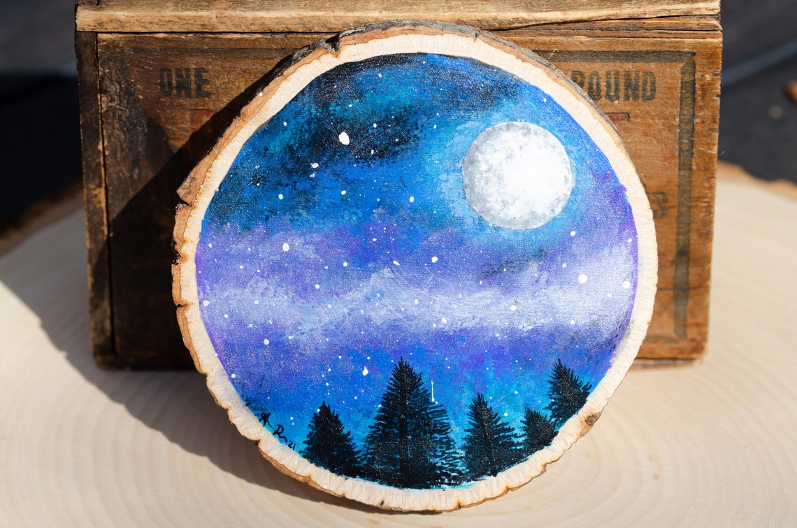 Wood Slice Painting Night Sky with Moon and Evergreen Trees | Etsy