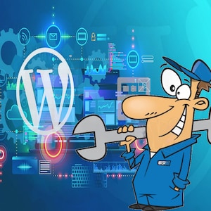 以下が含まれることがあります： 青い背景にWordPressのロゴとさまざまなアイコンが描かれた、レンチを持った幸せなメカニックの漫画イラスト