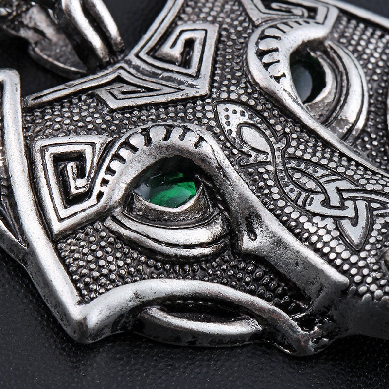 Norse Viking Green Eyes Wolf Head Silver Pendant Necklace 