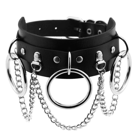 Black Studded Three O Rings and Chain Vegan Leather Collar Choker - O Ring Chain Choker - Goth Choker - Leather Harness Collar - Steampunk