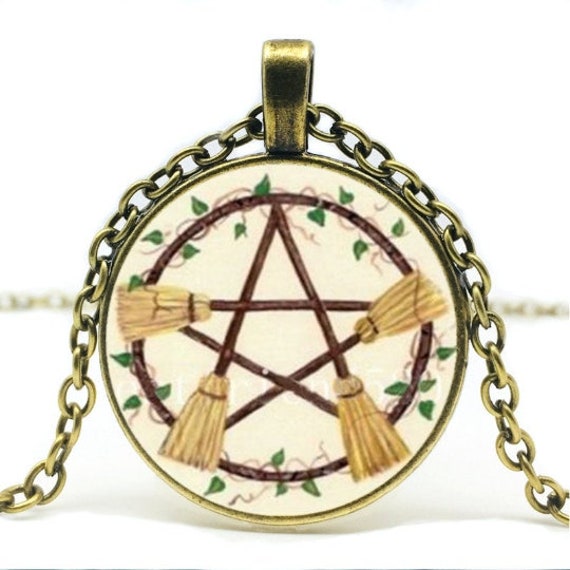 Sterling Silver Besom Pentagram Necklace Broom Pentagram Wiccan-Pagan Jewelry Large Broom Pentacle Pendant Necklace