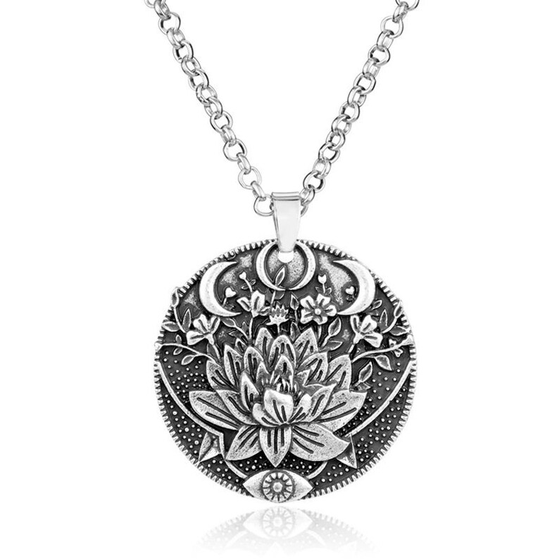 Triple Moon Goddess with a Lotus Flower and an Evil Eye Necklace - Engraved Witchcraft Amulet - Beautiful Talisman - Wiccan Jewelry - Gift 