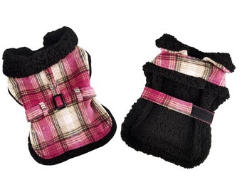 Sherpa-Lined Dog Harness Coat - Hot Pink & Tan Plaid 78548