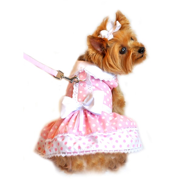 Pink Polka Dot and Lace Designer Dog Harness Dress by Doggie Design 10432