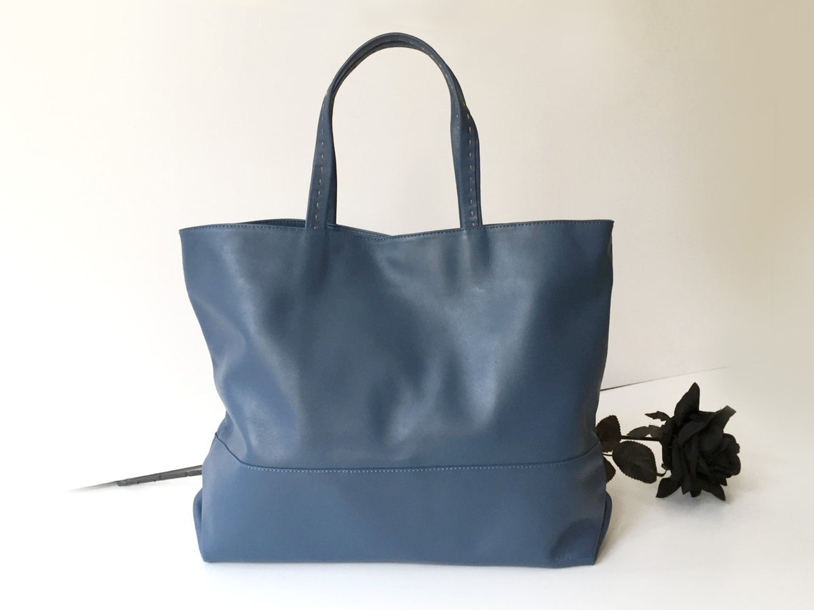 Blue leather tote Large leather bag Leather shoulder bag | Etsy