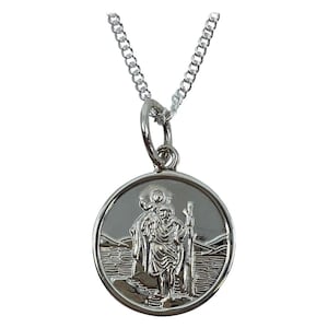 Sterling Silver St. Christopher Medium Round Pendant 16mm Curb Chain Necklace