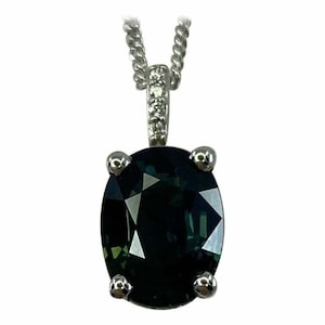 1.70ct DEEP Green Blue Sapphire 18k White Gold Diamond Surround Pendant Necklace