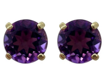 Natural Vivid Purple Amethyst 9k Yellow Gold 5mm Round Cut Stud Earrings 5mm