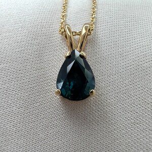 1.08ct IGI Certified Untreated Deep Green Blue Sapphire Pear Cut Gold Pendant