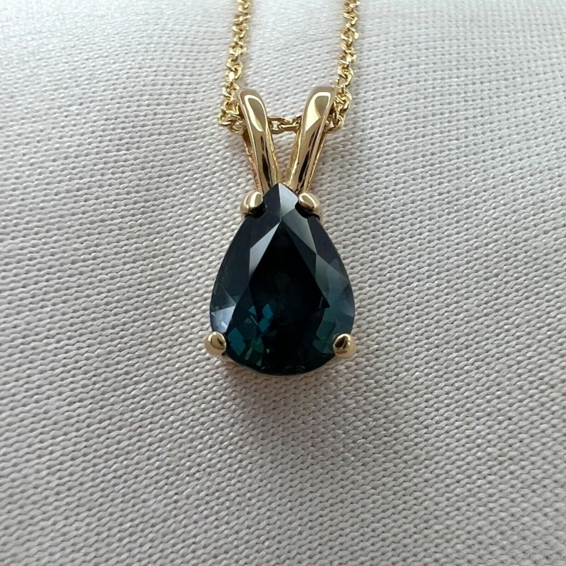 1.08ct IGI Certified Untreated Deep Green Blue Sapphire Pear Cut Gold Pendant