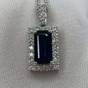 FINE 4.65ct Royal Blue Emerald Cut Sapphire and Diamond Rectangle Platinum Pendant