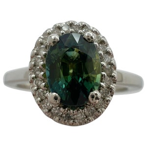 GIA CERTIFIED Bi Colour No Heat Green Blue Sapphire and Diamond Platinum Halo Ring