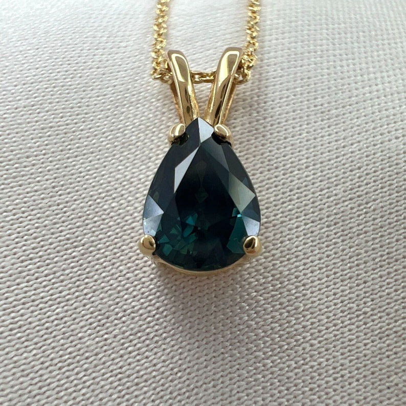 1.08ct IGI Certified Untreated Deep Green Blue Sapphire Pear Cut Gold Pendant