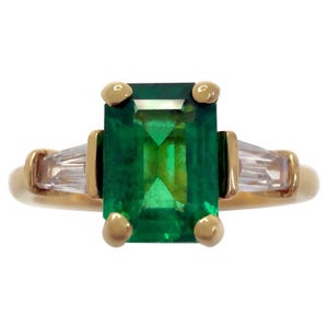 1.08ct Vivid Green Emerald & Diamond 18k Yellow Gold Octagon Three Stone Ring