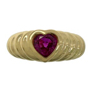 Vintage Tiffany & Co. Vivid Pinkish Red Ruby Heart Cut 18k Yellow Gold Band Ring