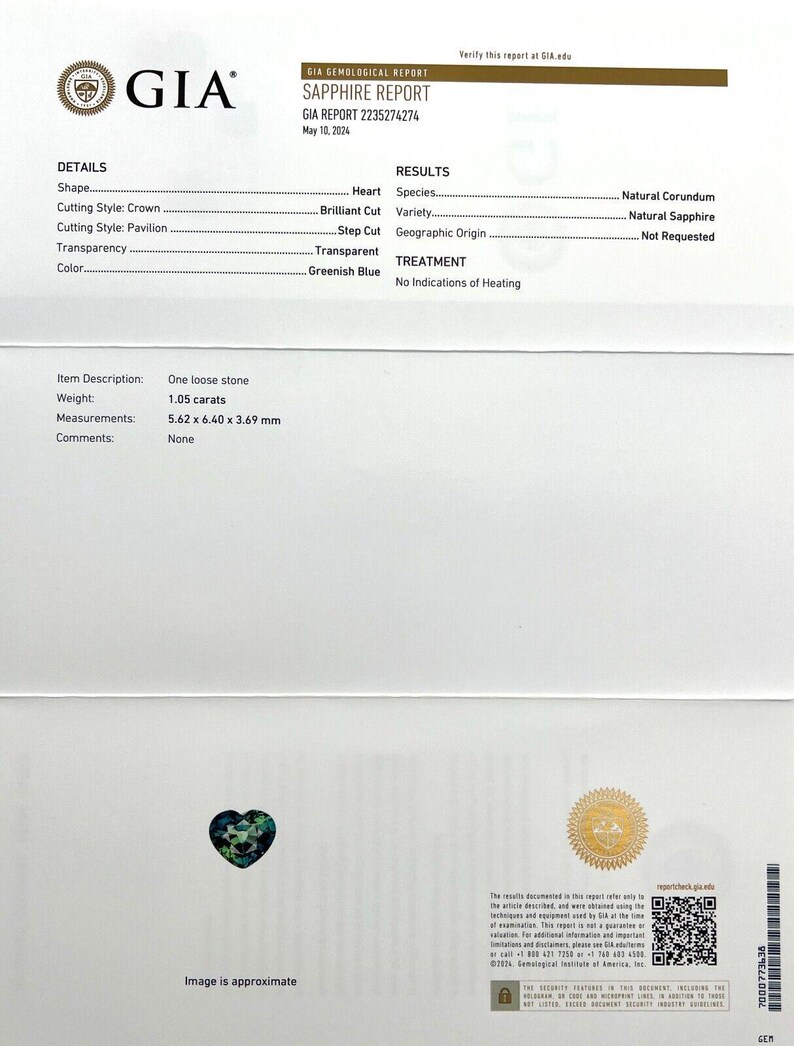 NATURAL 1.05ct UNTREATED Green Blue Sapphire GIA certified unheated heart cut if