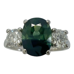 2.55ct Deep Blue Green Bi Colour Sapphire & Diamond Platinum Three Stone Ring