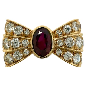 Rare Vintage Mauboussin Deep Red Ruby & Diamond 18k Yellow Gold Bow Ribbon Ring