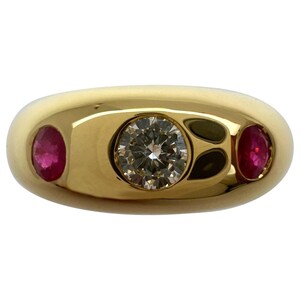 Vintage Cartier Diamond Ruby Daphne 18k Yellow Gold Three Stone Domed Ring EU49