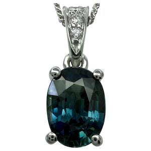 1.01ct Vivid Green Blue Sapphire & Diamond Platinum Oval Cut Solitaire Pendant