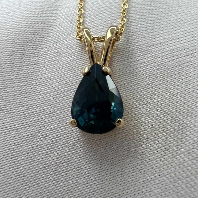 1.08ct IGI Certified Untreated Deep Green Blue Sapphire Pear Cut Gold Pendant
