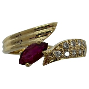 Deep Red Marquise Cut Ruby and Pave Diamond 18k Yellow Gold Cluster Fancy Ring