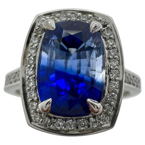 GIA 認定 2.92 カラット バイカラー セイロン サファイア 18K ホワイト ゴールド ダイヤモンド ハロー リング