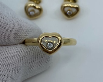 Vintage Chopard Happy Diamonds Icon 18k Yellow Gold Heart Ring and Earrings Set