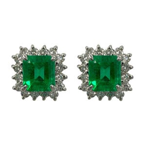 1.00ct Vivid Green Colombian Emerald & Diamond Platinum Halo Stud Earrings