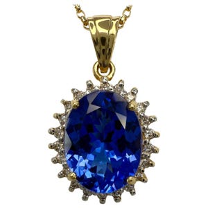 3.55ct Natural Vivid Blue Purple Tanzanite Diamond 18k Yellow Gold Halo Pendant