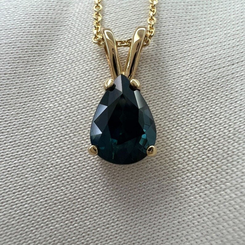 1.08ct IGI Certified Untreated Deep Green Blue Sapphire Pear Cut Gold Pendant
