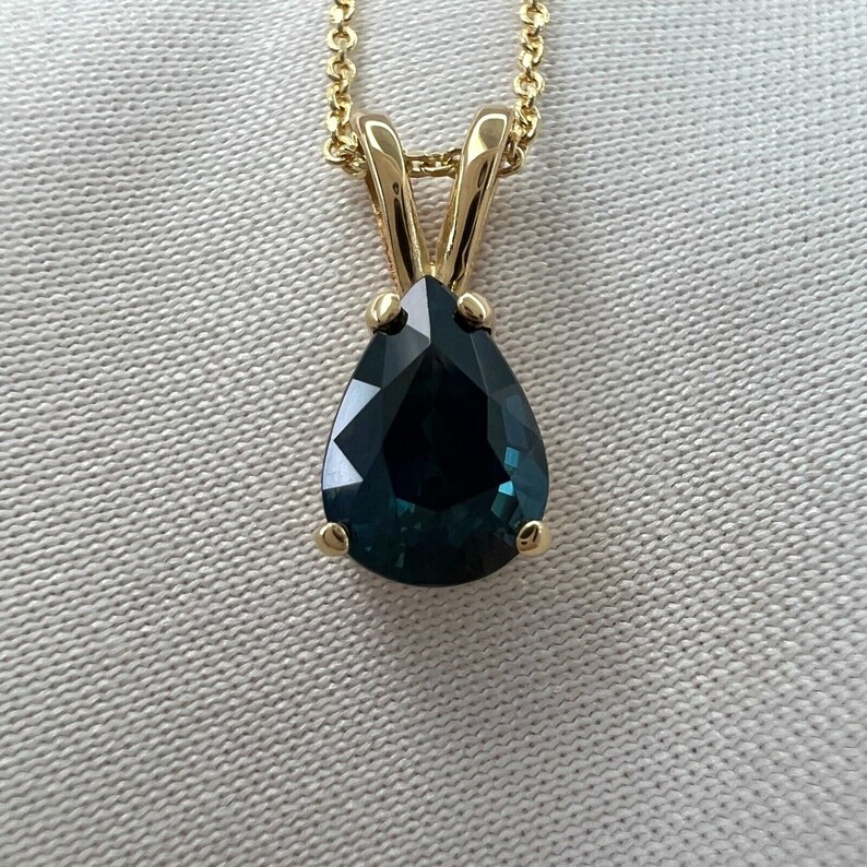 1.08ct IGI Certified Untreated Deep Green Blue Sapphire Pear Cut Gold Pendant