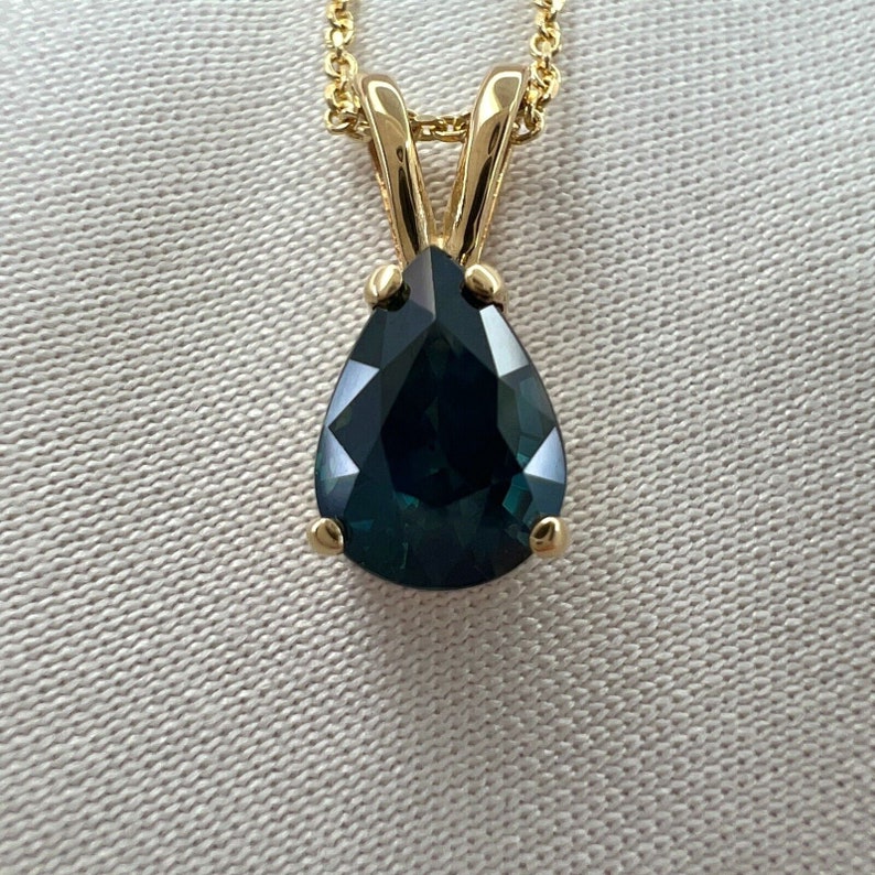 1.08ct IGI Certified Untreated Deep Green Blue Sapphire Pear Cut Gold Pendant