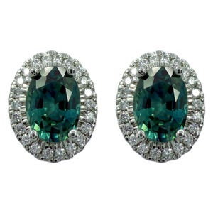 2.54ct Oval Cut Green Blue Teal Sapphire & Diamond Platinum Halo Earring Studs