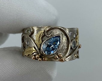 IGL Certified Fancy Blue Diamond Handmade Unique 18k Gold Snowflake Winter Ring