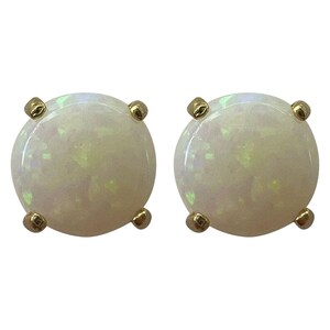 Natural White Opal Round Cabochon 9k Yellow Gold Stud Earrings Play of Colour