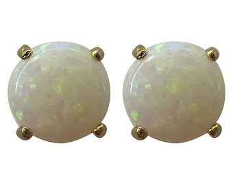 Natural White Opal Round Cabochon 9k Yellow Gold Stud Earrings Play of Colour