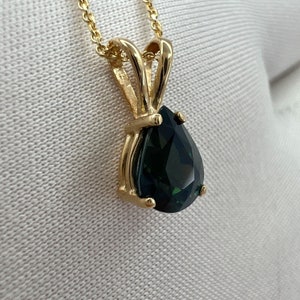 1.08ct IGI Certified Untreated Deep Green Blue Sapphire Pear Cut Gold Pendant