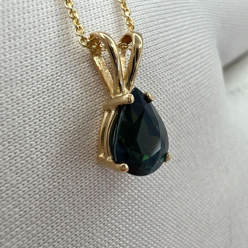 1.08ct IGI Certified Untreated Deep Green Blue Sapphire Pear Cut Gold Pendant
