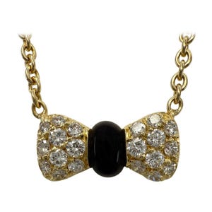 Vintage Van Cleef & Arpels Onyx Diamond 18k Yellow Gold Ribbon Pendant Necklace