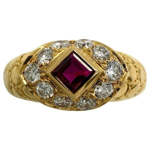 Rare Vintage Van Cleef & Arpels Square Cut Ruby And Diamond 18k Yellow Gold Ring