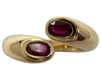 Rare Vintage Cartier Red Ruby Ellipse Oval Cut 18k Gold Bypass Split Ring 47
