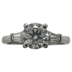 Fine Natural White Diamond Platinum Round Tapered Baguette Cut Three Stone Ring