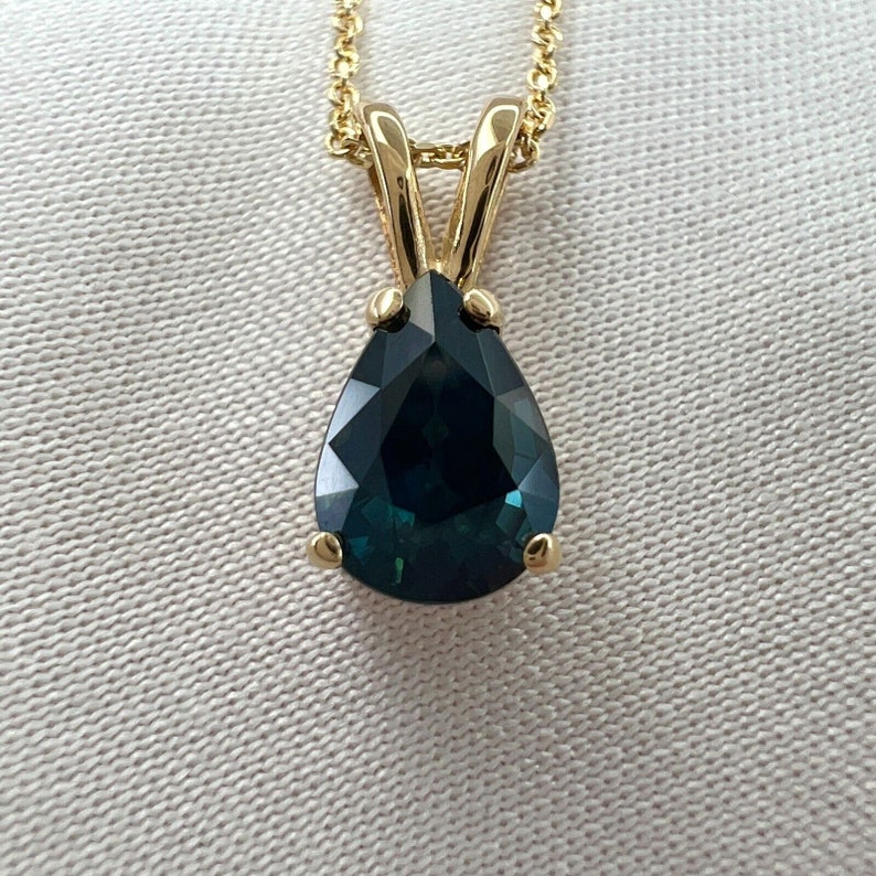 1.08ct IGI Certified Untreated Deep Green Blue Sapphire Pear Cut Gold Pendant